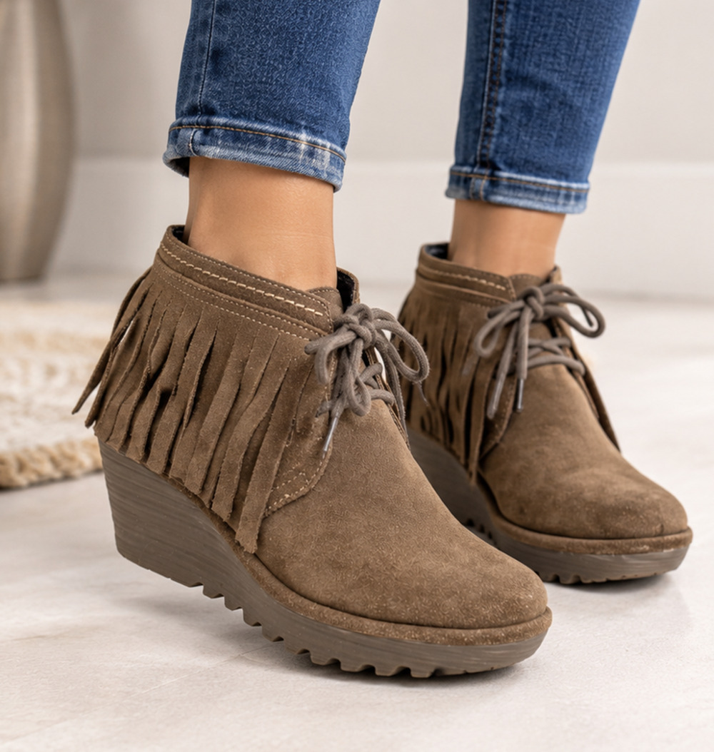 FLY London Brown Suede Fringe Wedge Ankle Boots EU 40 US 9 Lace Up Boho Western